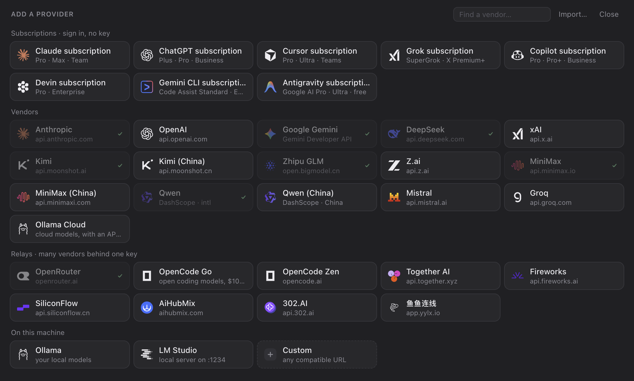 The Add provider sheet: subscriptions, vendors, relays, what’s on this machine, and custom URLs