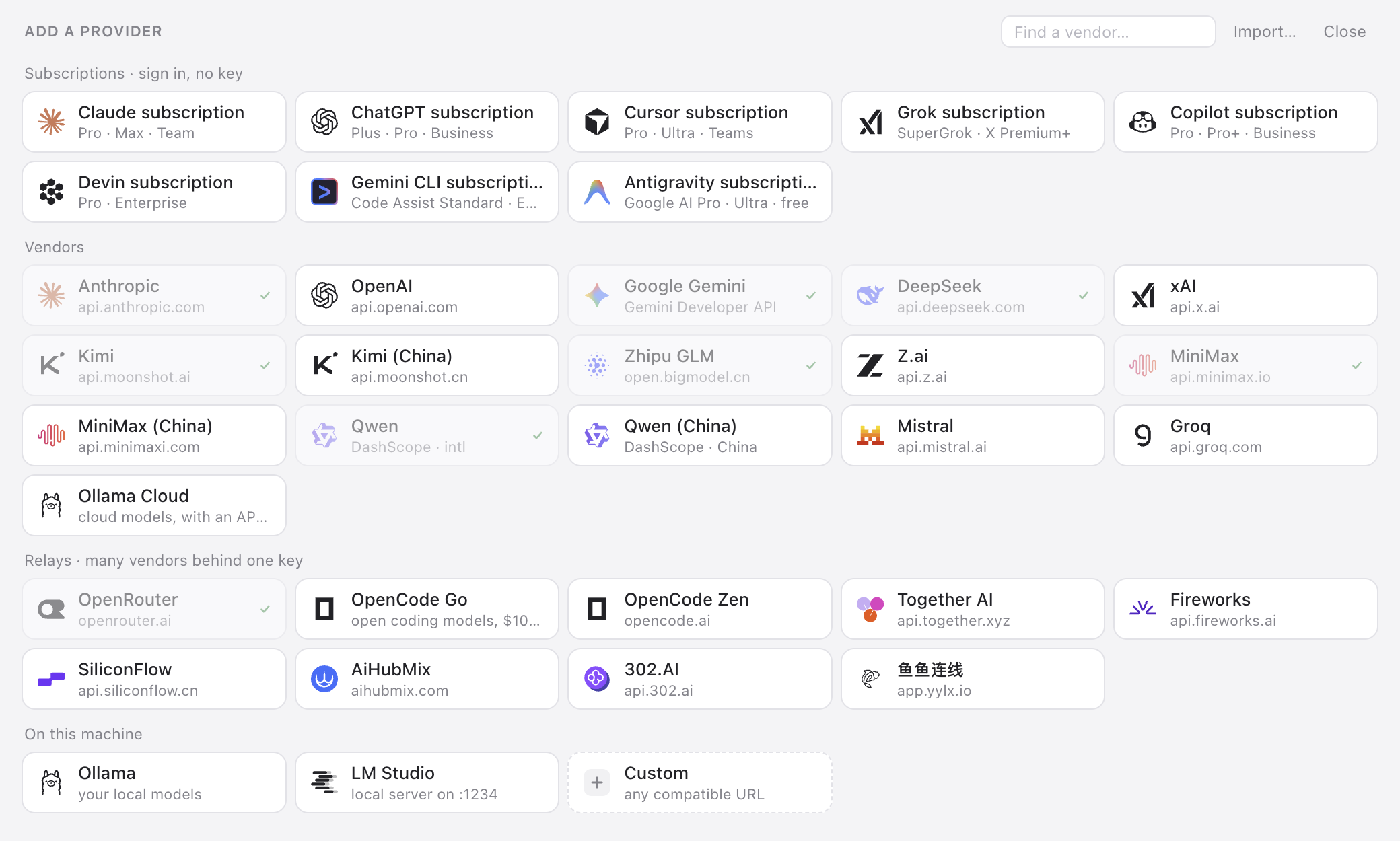 The Add provider sheet: subscriptions, vendors, relays, what’s on this machine, and custom URLs