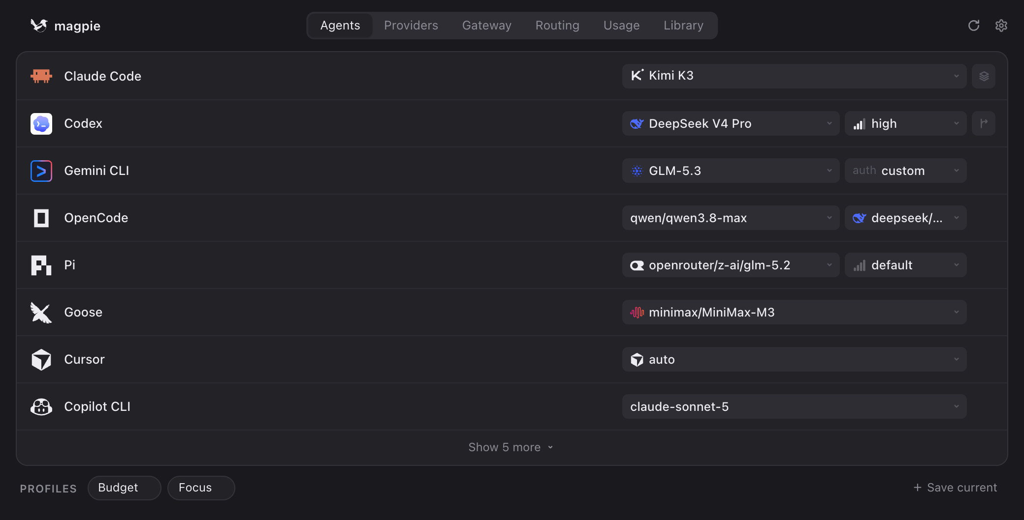 The Agents tab: one row per agent with the model it uses, and saved profiles at the bottom