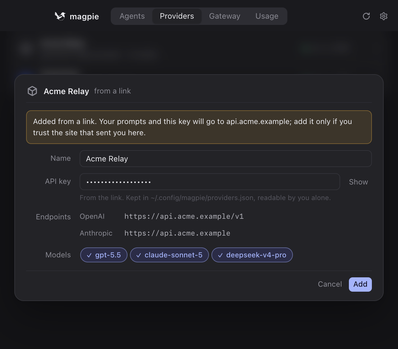 magpie asking whether to add Acme Relay, with the hosts, key and models from the link