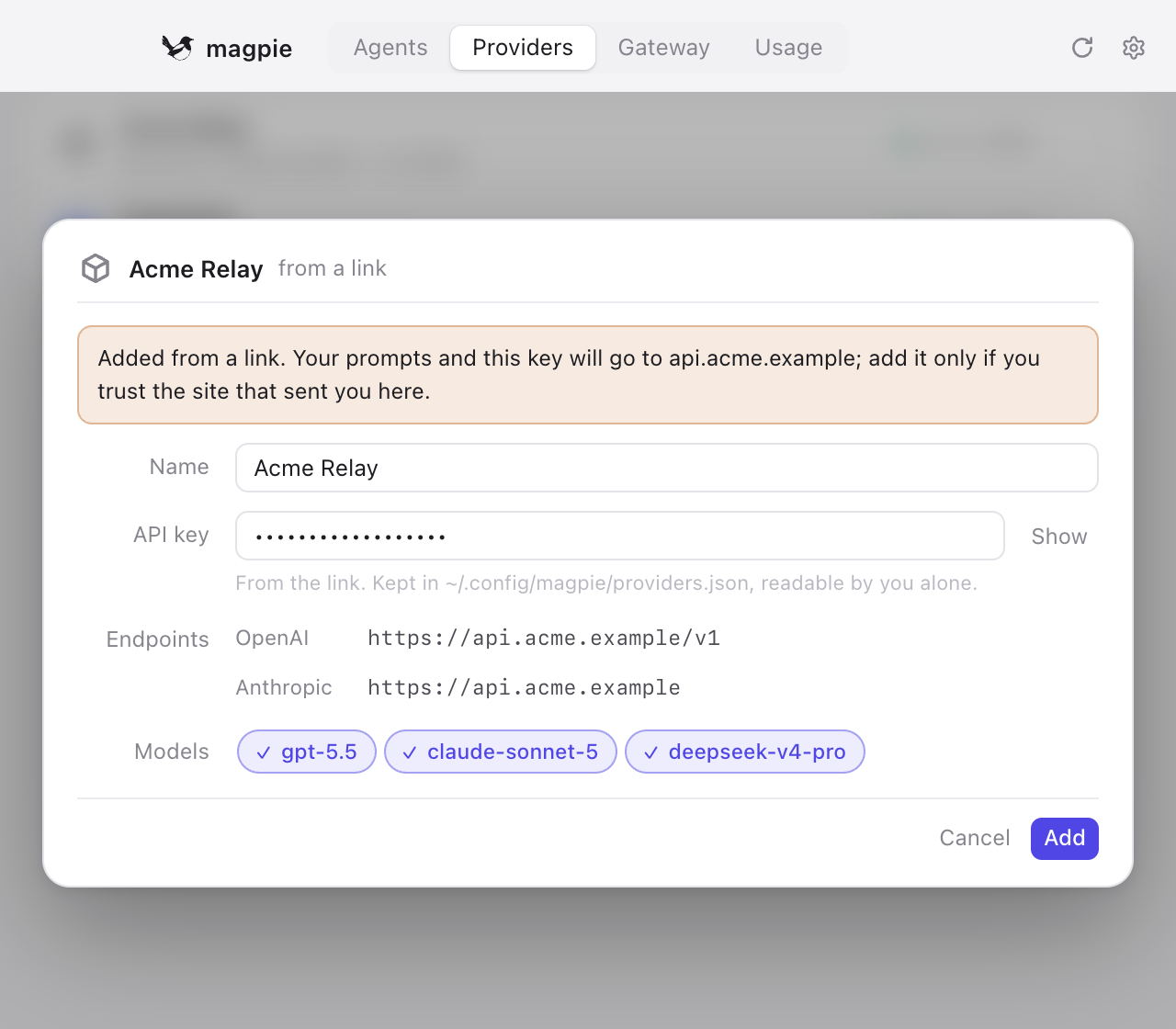 magpie asking whether to add Acme Relay, with the hosts, key and models from the link