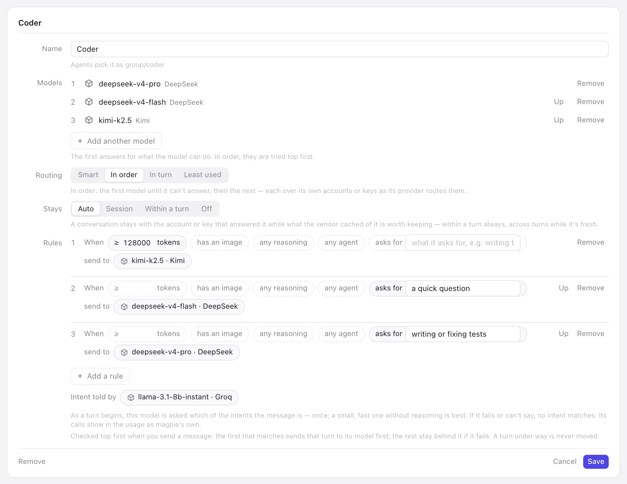A routing group's editor: three rules, two with an intent (asks for “a quick question”, asks for “writing or fixing tests”), and Intent told by llama-3.1-8b-instant on Groq