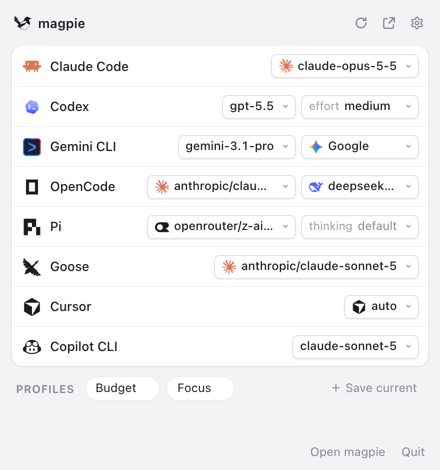 The magpie menu bar panel: each agent with its model