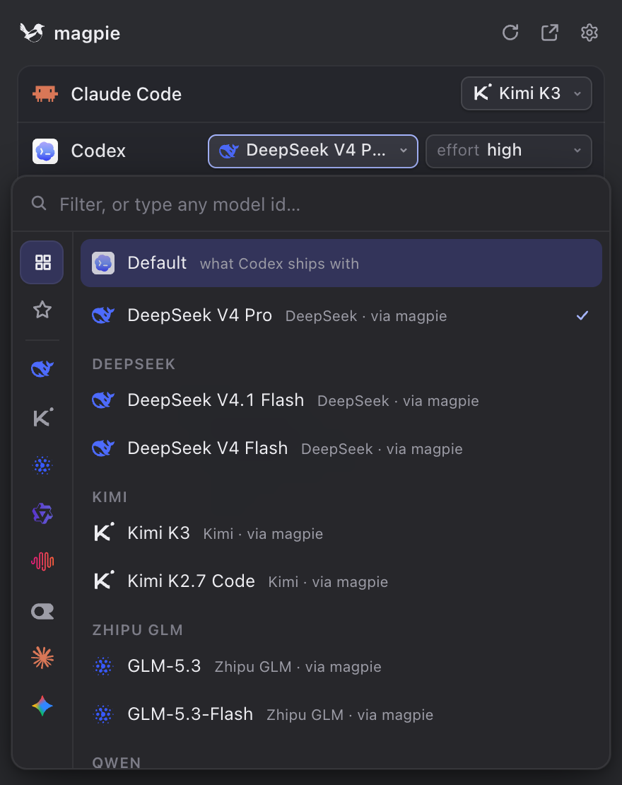 Codex's model picker in magpie, listing DeepSeek, Kimi and GLM models