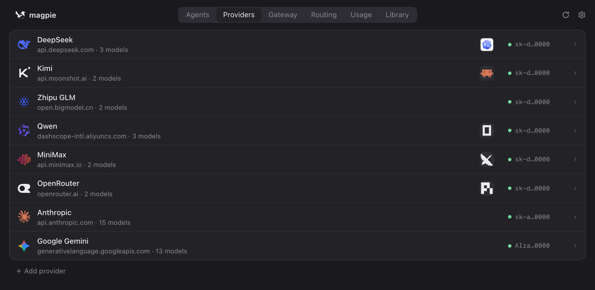 magpie's Providers tab: DeepSeek, Kimi, GLM, Qwen, MiniMax, OpenRouter, Anthropic and Gemini, each with the agents using it